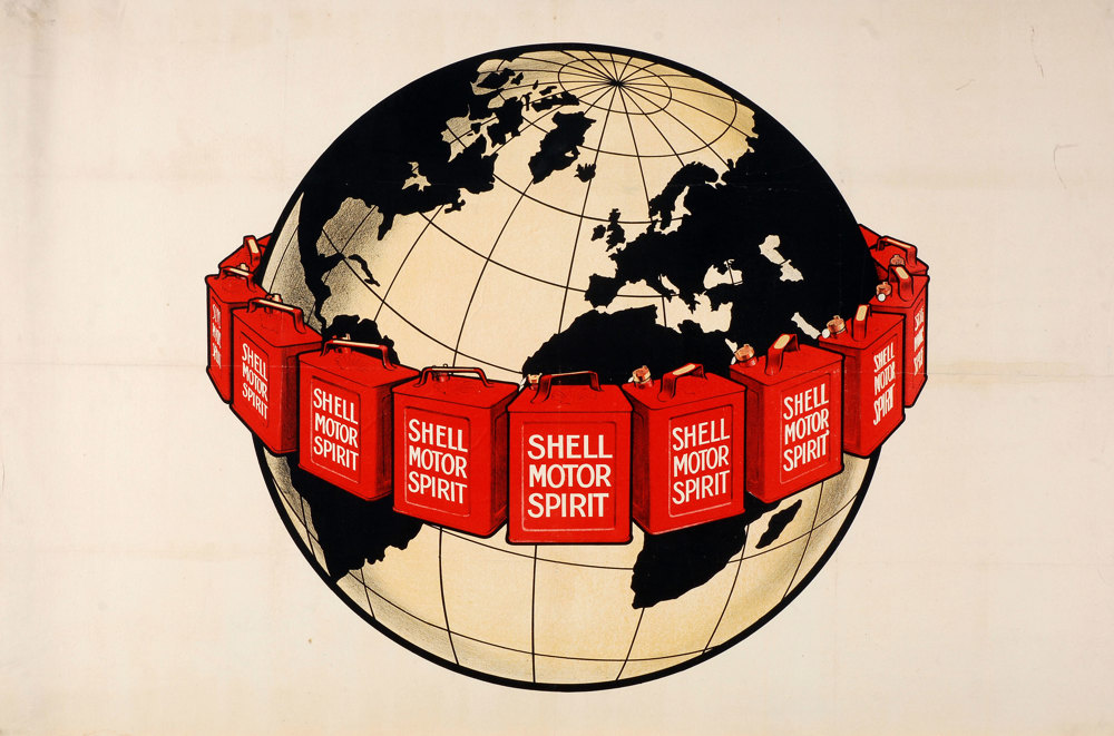 Shell poster number 57, Shell Girdles the Earth (1924), Shell Studio. Graphic of the earth with Shell Motor Spirit oil cans circling it.