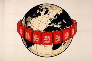 Shell poster number 57, Shell Girdles the Earth (1924), Shell Studio. Graphic of the earth with Shell Motor Spirit oil cans circling it.