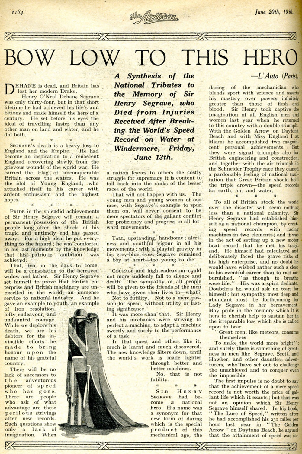 Tributes To Sir Henry Segrave from the Autocar magazine 20 June 1930