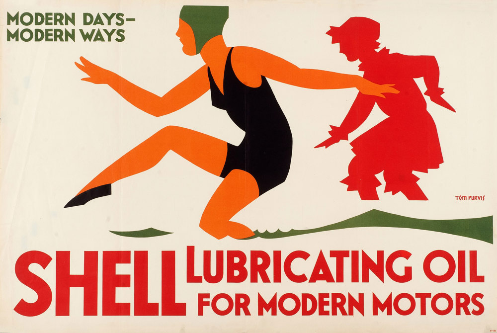 Shell poster number 193, Bathing by Tom Purvis (1928). Stylised painting of a modern day bather (1920s), with another in the background dressed more modestly. Caption reads; Modern days - modern ways, Shell Lubricating Oil for modern motors."