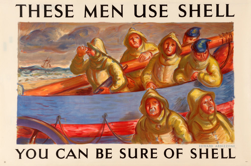 Shell poster number 509, Lifeboatmen use Shell by Edward Ardizzone. Painting of seven lifeboatmen at sea.