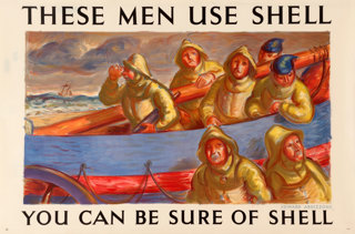Shell poster number 509, Lifeboatmen use Shell by Edward Ardizzone. Painting of seven lifeboatmen at sea.