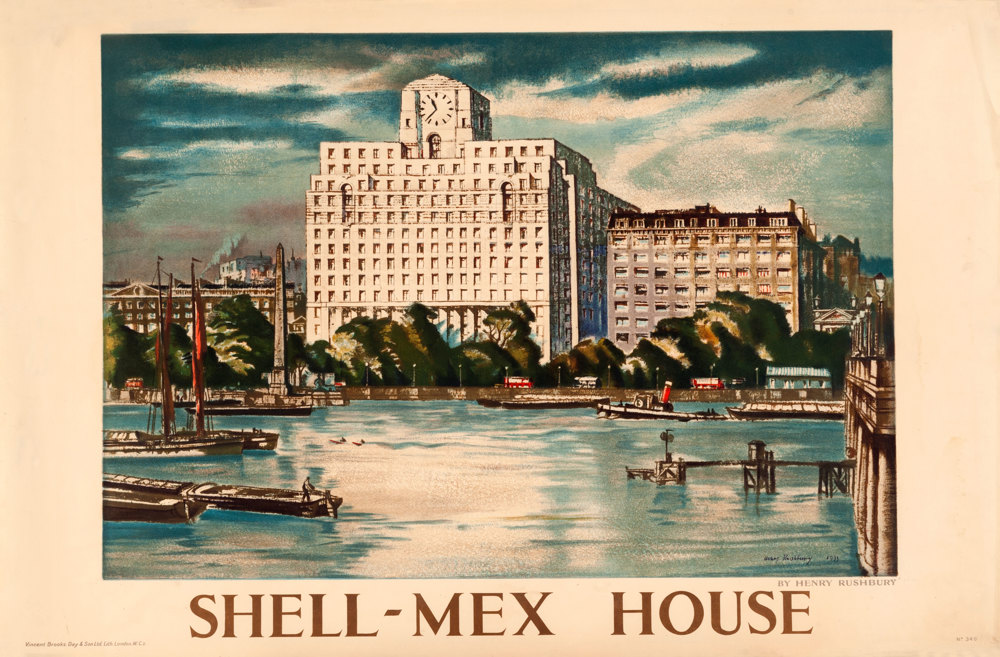 Shell poster number 349, Shell-Mex House by Sir Henry Rushbury. Landscape painting depicting the Shell Mex building in the 1930s, when it was newly built.