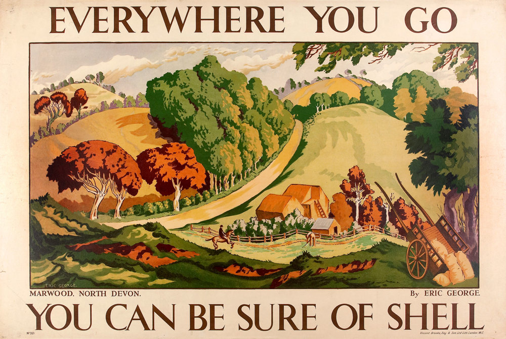 Shell poster number 321, Marwood, North Devon by Eric George. Landscape painting of hills around Marwood, Devon, with a farm house in the foreground, a horse and rider, a farmer and farm equipment.