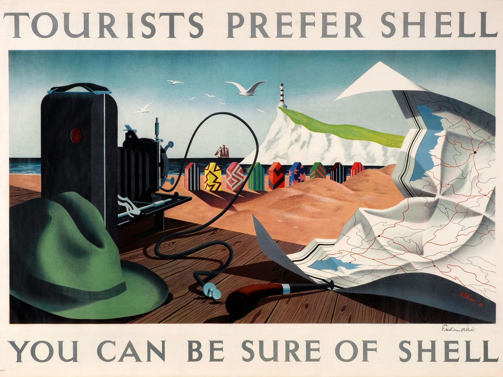 Shell poster number 448, Tourists Prefer Shell by Tristram Hillier. Painting of a beach scene, the sea is in the background with a galleon type ship sailing by. A white cliff with a lighthouse is in the background. There are brightly coloured and patterned beach huts on the shoreline. There is a table at the forefront of the picture showing various tourist paraphernalia, including a map.