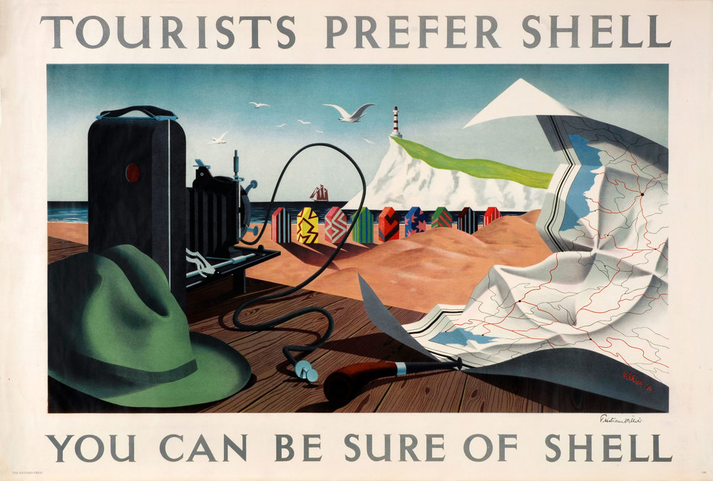 Shell poster number 448, Tourists Prefer Shell by Tristram Hillier. Painting of a beach scene, the sea is in the background with a galleon type ship sailing by. A white cliff with a lighthouse is in the background. There are brightly coloured and patterned beach huts on the shoreline. There is a table at the forefront of the picture showing various tourist paraphernalia, including a map.