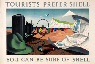 Shell poster number 448, Tourists Prefer Shell by Tristram Hillier. Painting of a beach scene, the sea is in the background with a galleon type ship sailing by. A white cliff with a lighthouse is in the background. There are brightly coloured and patterned beach huts on the shoreline. There is a table at the forefront of the picture showing various tourist paraphernalia, including a map.
