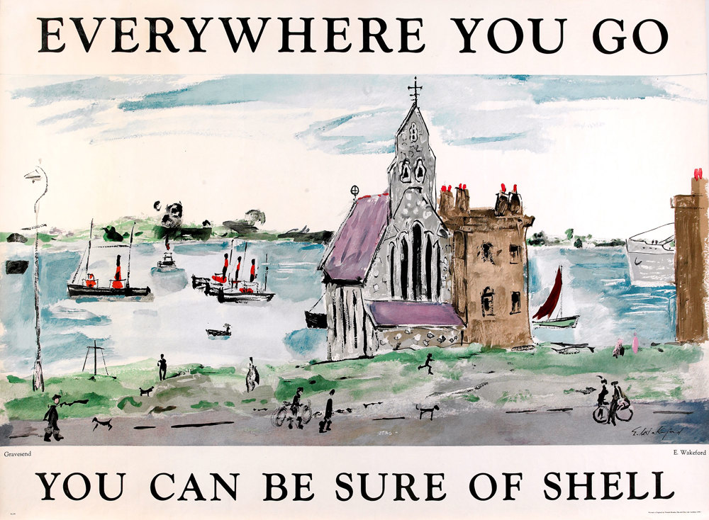 Shell poster number 1539, Gravesend (1952) by Edward Wakeford. Painting of the waterfront at Gravesend, featuring St. Andrews Mission House.