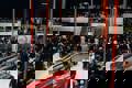Opening of the National Motor Museum, 1972, large crowds inside museum being addressed by HRH Duke of Kent