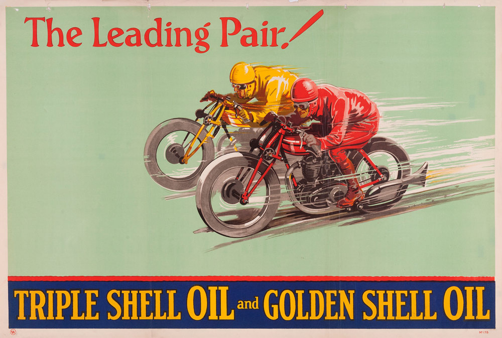 Shell poster number 175, The Leading Pair (1928), no artist given. Painting of two men on motorbikes, one dressed in yellow/gold and the other in red. Caption reads; "The Leading Pair, Triple Shell Oil and Golden Shell Oil".