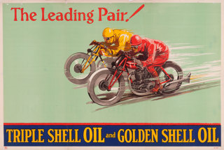 Shell poster number 175, The Leading Pair (1928), no artist given. Painting of two men on motorbikes, one dressed in yellow/gold and the other in red. Caption reads; "The Leading Pair, Triple Shell Oil and Golden Shell Oil".