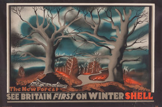 Shell poster number 308, The New Forest (See Britain first on winter Shell) by Edward McKnight Kauffer. A painting of bare trees using dramatic colours to depict winter.