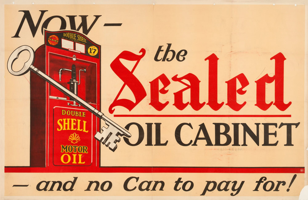 Shell poster number 137, Now the Sealed Oil Cabinet, Shell Studio (1926). Painting of a Shell Sealed Cabinet and oversized key, text reads; "Now the Sealed oil cabinet - and no can to pay for!"