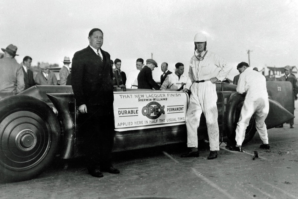 Henry Segrave and Golden Arrow at Daytona 1929 promoting Opex Lacquer